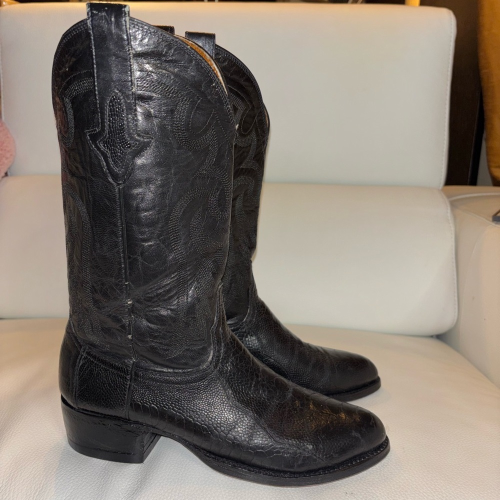 VTG MENS RESISTOL  ALMOND TOE OSTRICH LEG COWBOY LEATHER BLACK BOOTS SIZE 9 D​